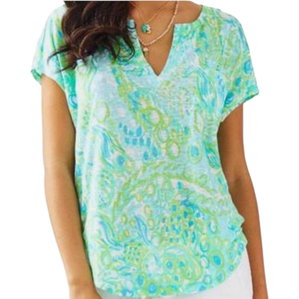 Lilly Pulitzer Linen Duval Notch Top Green Blue Cap Sleeve T-Shirt Women’s Small - Picture 3 of 15
